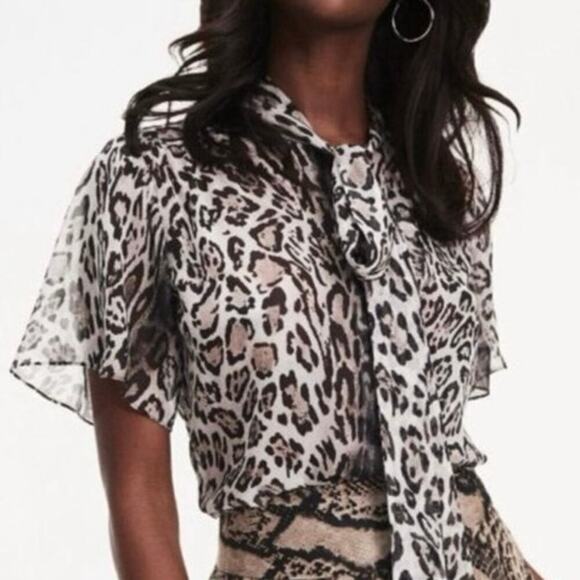ZENDAYA X TOMMY HILFIGER Leopard Neck Bow Semi-Sheer Short Sleeve Blouse - Sz 2 - Picture 1 of 5